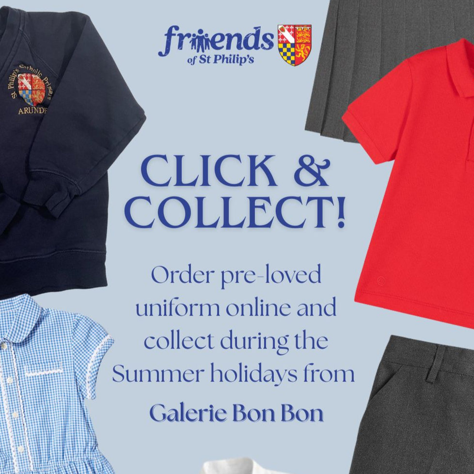 Promotional image for Friends of St Philip's school uniform collection with text 'Click & Collect' and logos.